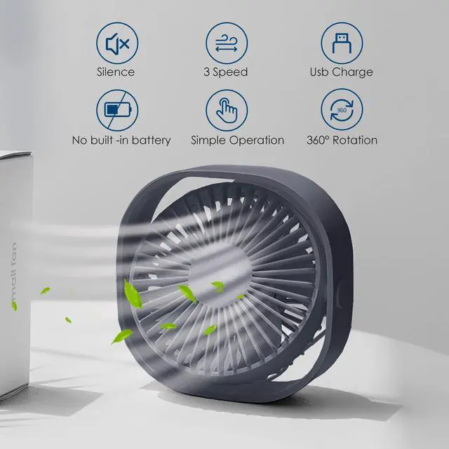 Alt view image 2 of 7 - Small USB Fan Small Quiet Portable USB Powered ONLY (No Battery), Cooling 3 Speed Setting 360° Adjustable Swivel Desktop Personal Fan for Home Office Bedroom Outdoor Travel Summer, Grey
