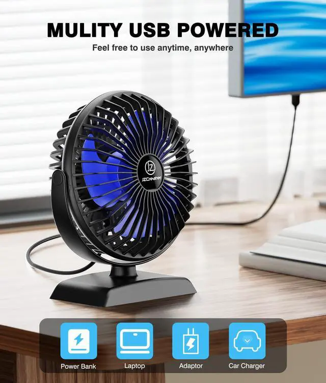Alt view image 5 of 7 - Mini Desk Fan3 Speed Ultra-Quiet OperationPortable USB Cooling Fan for Office Desk, Bedroom Use, Personal Fan with Adjustable Tilt for Summer Indoor/Outdoor,USB-Powered, Black
