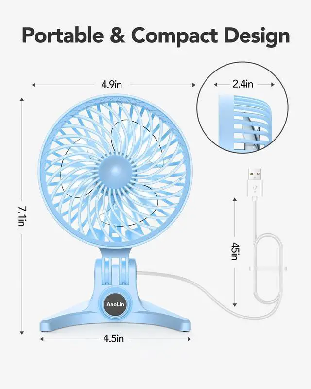 Alt view image 5 of 7 - USB Small Fan, Desk Fans with CVT Variable Speeds, Strong Cooling Airflow, Quiet Portable, Desktop Mini Personal Fan for Room, Home,Office, Bedroom-USB Powered (Blue)