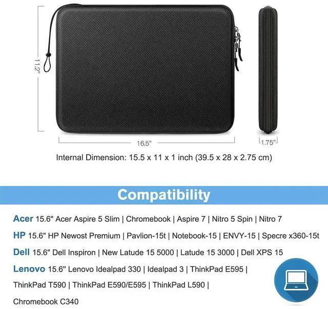 Alt view image 2 of 7 - 15.6-inch Hard Laptop Sleeve Case Compatible with 15.6 Inch Acer Aspire, Shockproof Computer Carrying Case for 15.6 Inch HP Dell Razer Samsung Laptop Chromebook, Black