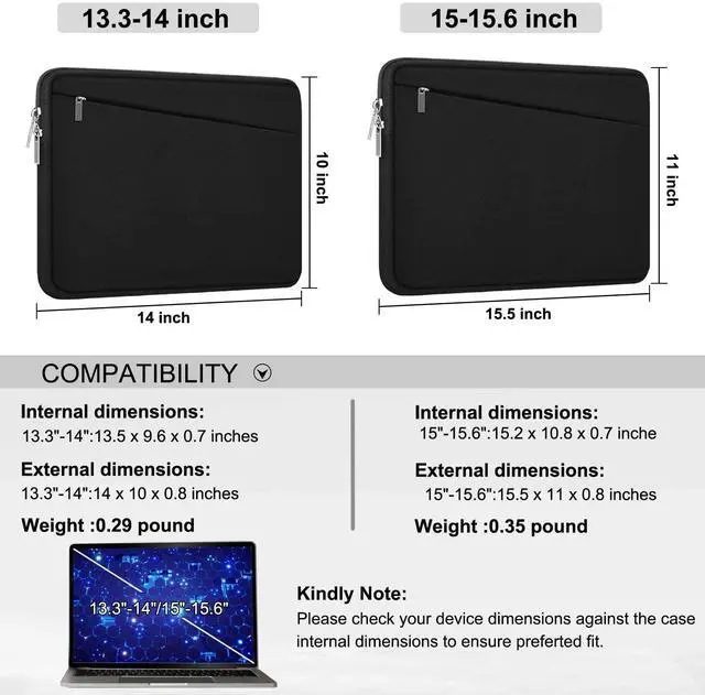 Alt view image 6 of 7 - 15.6 inch Laptop Sleeve, Durable Computer Carrying Bag Protective Case Briefcase Handbag with Front Pocket, Slim Cover for 15-16 Inch HP, Dell, Lenovo, Asus, Notebook, Black