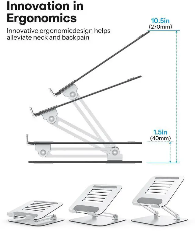 Alt view image 3 of 7 - Laptop Stand for Desk, Ergonomic Metal Adjustable Laptop Stand, Laptop Holder Riser with Cooling Function, Computer Stand Compatible with MacBook and All Laptops (10-17.2 inch), Silver