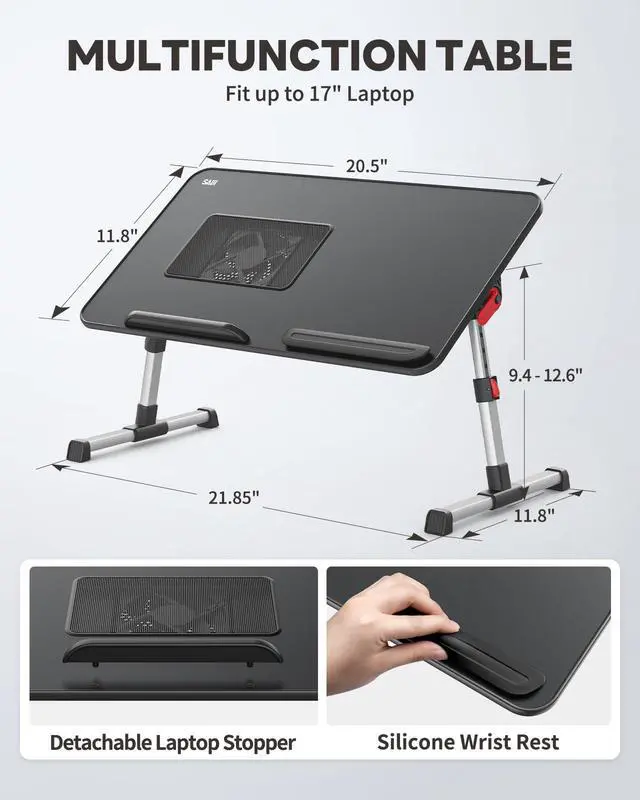 Alt view image 6 of 7 - Laptop Desk for Bed with Cooling Fan, SAIJI Height & Angle Adjustable Laptop Stand for Bed, Lap Desk Tray Table, Lightweight Foldable Portable Computer Table for Couch Sofa Chair Floor Desk (Black)