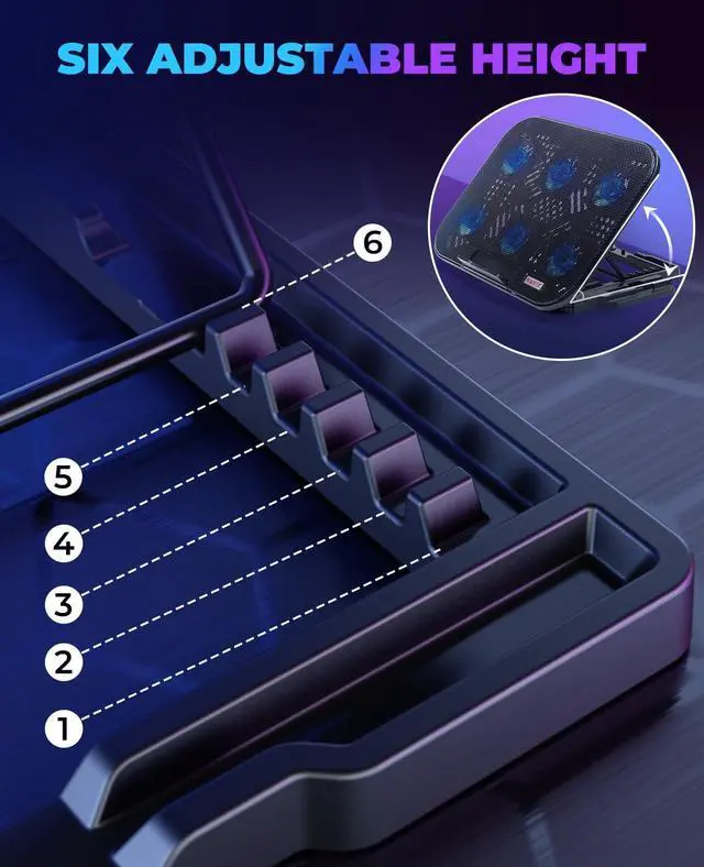 Alt view image 3 of 6 - HAVIT Laptop Cooling Pad with 6 Quiet Fans and Adjustable Heights for 12-14.1 Inch Laptops, Dual USB Ports, Phone Holder, Efficient Cooling Stand for Heat Dissipation