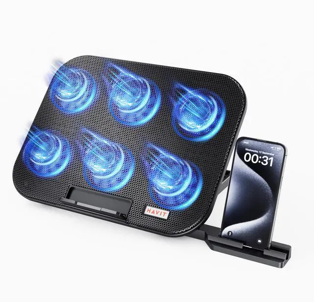 Main image of HAVIT Laptop Cooling Pad with 6 Quiet Fans and Adjustable Heights for 12-14.1 Inch Laptops, Dual USB Ports, Phone Holder, Efficient Cooling Stand for Heat Dissipation