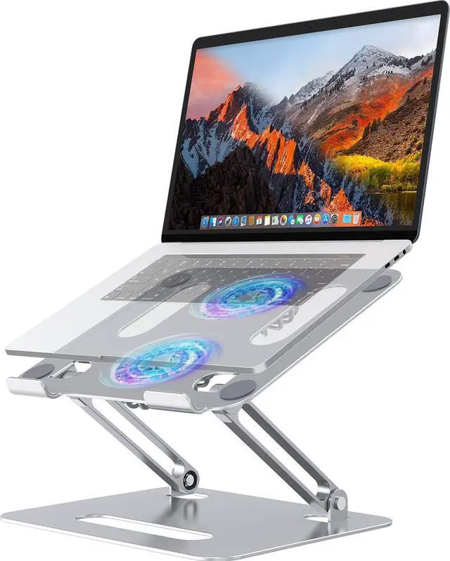 Main image of Adjustable Laptop Cooling Stand with 2 Quiet Fans & RGB Lighting, Aluminum Alloy & Foldable Ergonomic Design for MacBook, Lenovo, ASUS, Dell 10-16 Inch, Perfect for Gaming, DJ, Office - Silver