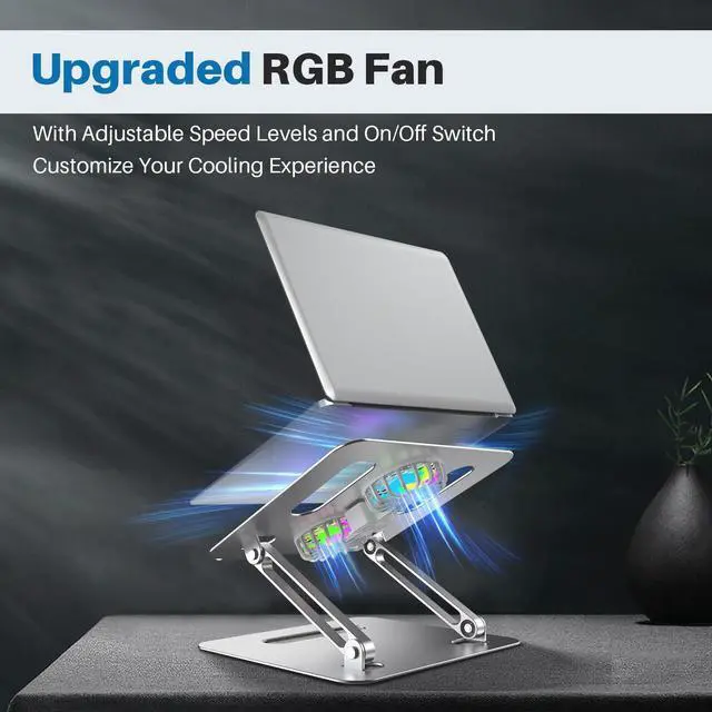 Alt view image 2 of 7 - Adjustable Laptop Cooling Stand with 2 Quiet Fans & RGB Lighting, Aluminum Alloy & Foldable Ergonomic Design for MacBook, Lenovo, ASUS, Dell 10-16 Inch, Perfect for Gaming, DJ, Office - Silver