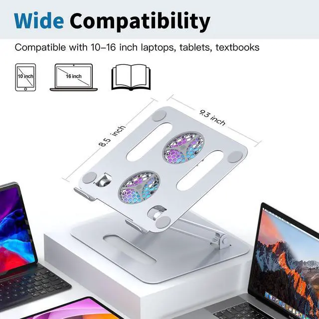 Alt view image 7 of 7 - Adjustable Laptop Cooling Stand with 2 Quiet Fans & RGB Lighting, Aluminum Alloy & Foldable Ergonomic Design for MacBook, Lenovo, ASUS, Dell 10-16 Inch, Perfect for Gaming, DJ, Office - Silver