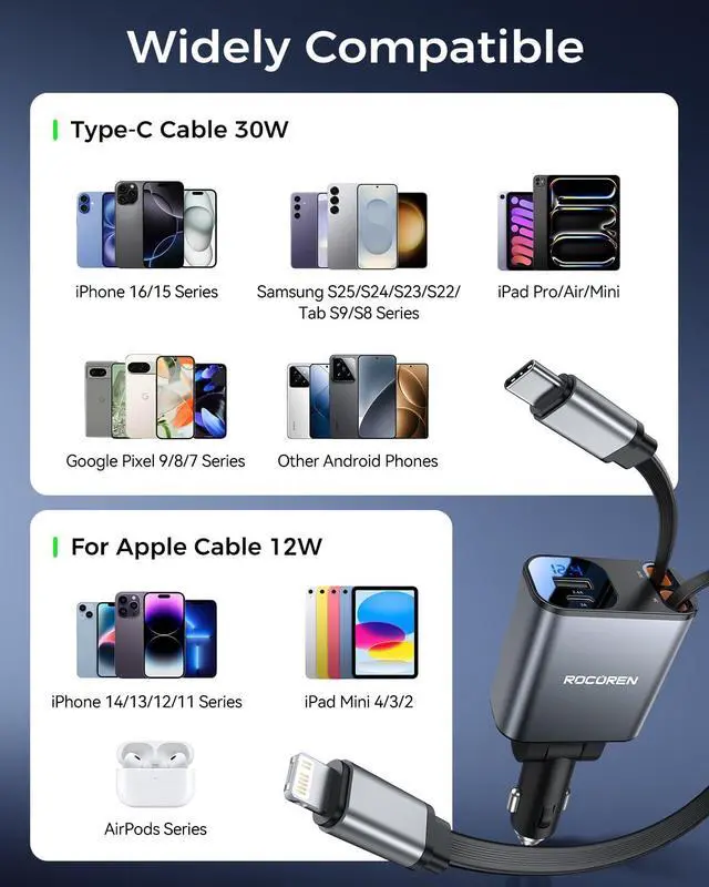 Alt view image 6 of 7 - Retractable Car Charger for iPhone 17, Rocoren 4 in 1 USB C Car Charger with 2.62Ft Cord,69W Fast Cigarette Lighter Adapter,Road Trip Essentials,Gifts for Women Men,Car Accessories for iPhone 16/15/14