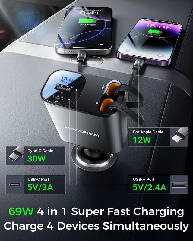 Alt view image 4 of 7 - Retractable Car Charger for iPhone 17, Rocoren 4 in 1 USB C Car Charger with 2.62Ft Cord,69W Fast Cigarette Lighter Adapter,Road Trip Essentials,Gifts for Women Men,Car Accessories for iPhone 16/15/14