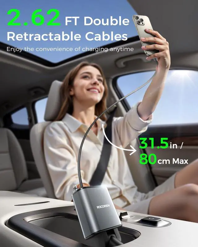 Alt view image 2 of 7 - Retractable Car Charger for iPhone 17, Rocoren 4 in 1 USB C Car Charger with 2.62Ft Cord,69W Fast Cigarette Lighter Adapter,Road Trip Essentials,Gifts for Women Men,Car Accessories for iPhone 16/15/14