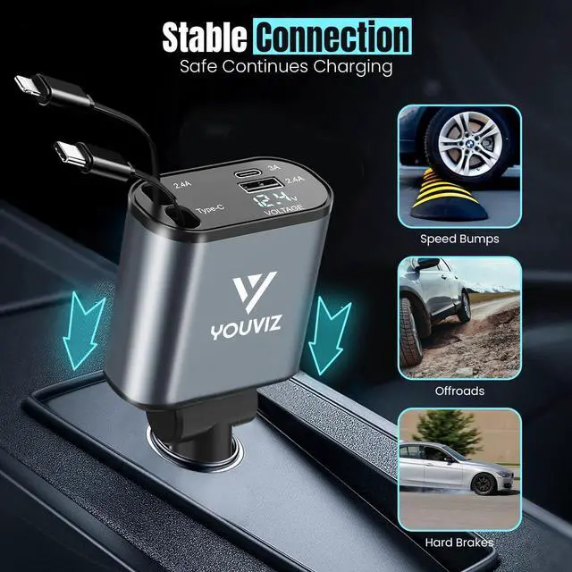Alt view image 2 of 7 - Retractable Car Charger 4-in-1 Fast Charging Device with Dual Retractable Cords (2.6ft) & 2 USB Ports USB-C Car Charger for iPhone 16/15/14/13/12, Android, Samsung, Pixel & More Devices