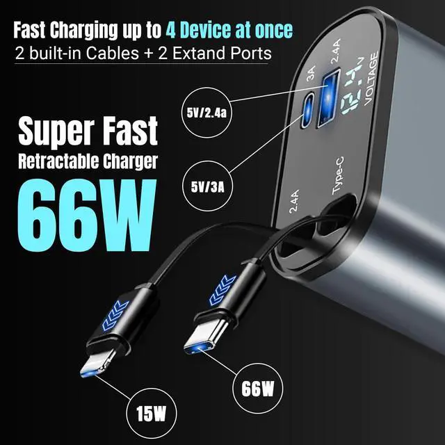 Alt view image 5 of 7 - Retractable Car Charger 4-in-1 Fast Charging Device with Dual Retractable Cords (2.6ft) & 2 USB Ports USB-C Car Charger for iPhone 16/15/14/13/12, Android, Samsung, Pixel & More Devices
