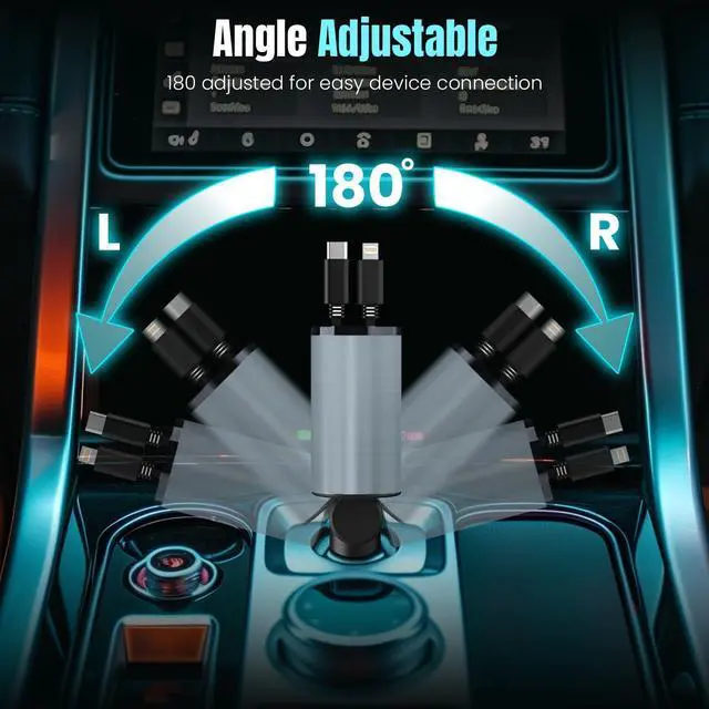 Alt view image 3 of 7 - Retractable Car Charger 4-in-1 Fast Charging Device with Dual Retractable Cords (2.6ft) & 2 USB Ports USB-C Car Charger for iPhone 16/15/14/13/12, Android, Samsung, Pixel & More Devices