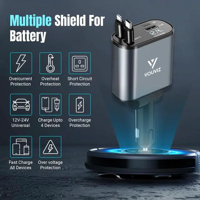 Alt view image 6 of 7 - Retractable Car Charger 4-in-1 Fast Charging Device with Dual Retractable Cords (2.6ft) & 2 USB Ports USB-C Car Charger for iPhone 16/15/14/13/12, Android, Samsung, Pixel & More Devices