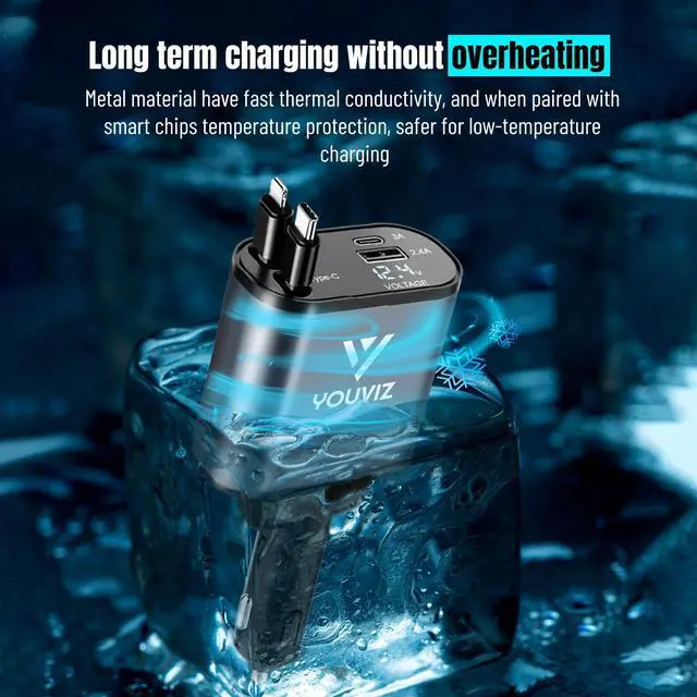 Alt view image 4 of 7 - Retractable Car Charger 4-in-1 Fast Charging Device with Dual Retractable Cords (2.6ft) & 2 USB Ports USB-C Car Charger for iPhone 16/15/14/13/12, Android, Samsung, Pixel & More Devices