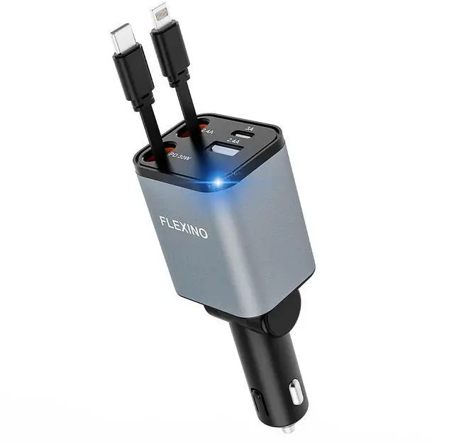 Main image of Retractable Car Charger for iPhone 16, 69W Fast Charging Car Charger USB C, Car Chargers with 2 Retractable Cords 2.6ft, Car Adapter for iPhone 16/15/14/13/12 Series, Galaxy (Grey)