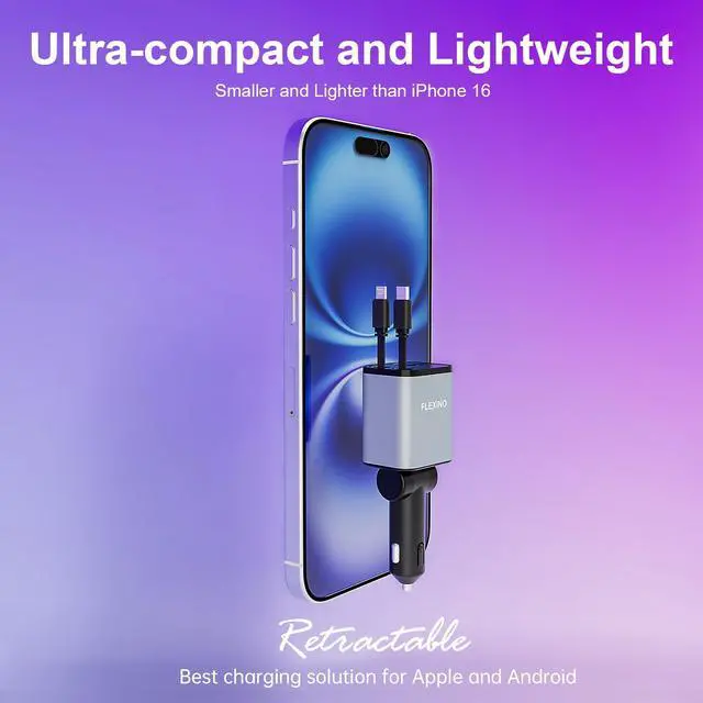 Alt view image 4 of 6 - Retractable Car Charger for iPhone 16, 69W Fast Charging Car Charger USB C, Car Chargers with 2 Retractable Cords 2.6ft, Car Adapter for iPhone 16/15/14/13/12 Series, Galaxy (Grey)