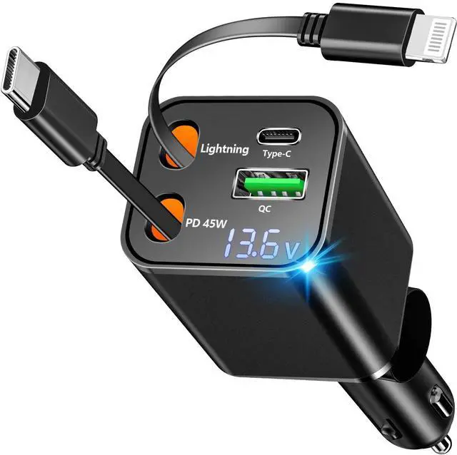 Main image of Retractable Car Charger, Linocell 120W USB C Car Charger 4 in 1 PD/QC Type C Fast Charging Cigarette Lighter Adapter for iPhone 17/17 Pro Max/16/15/14/13/12/Galaxy S25/S24/Pixel
