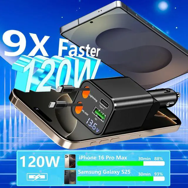 Alt view image 2 of 7 - Retractable Car Charger, Linocell 120W USB C Car Charger 4 in 1 PD/QC Type C Fast Charging Cigarette Lighter Adapter for iPhone 17/17 Pro Max/16/15/14/13/12/Galaxy S25/S24/Pixel