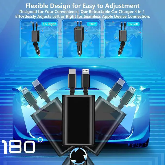 Alt view image 4 of 7 - Retractable Car Charger, Linocell 120W USB C Car Charger 4 in 1 PD/QC Type C Fast Charging Cigarette Lighter Adapter for iPhone 17/17 Pro Max/16/15/14/13/12/Galaxy S25/S24/Pixel