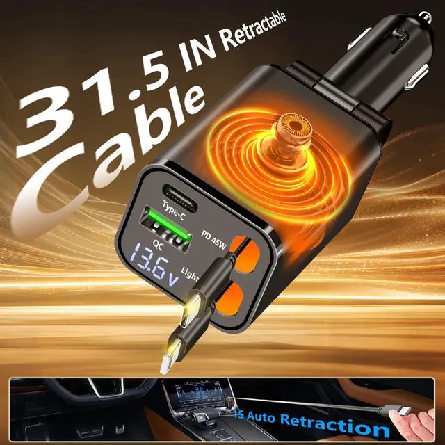 Alt view image 5 of 7 - Retractable Car Charger, Linocell 120W USB C Car Charger 4 in 1 PD/QC Type C Fast Charging Cigarette Lighter Adapter for iPhone 17/17 Pro Max/16/15/14/13/12/Galaxy S25/S24/Pixel