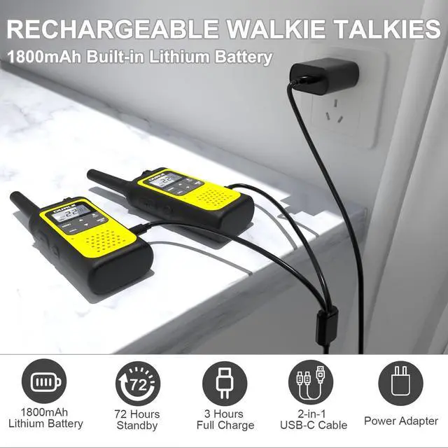 Alt view image 2 of 7 - Walkie Talkies Long Range for Adults - 2 Pack Rechargeable Walkie Talkies Two Way Radios 22 FRS Channels, NOAA Weather Alerts, 1800mAh Li-ion Battery, LED Flashlight, VOX for Hiking Camping (Yellow)