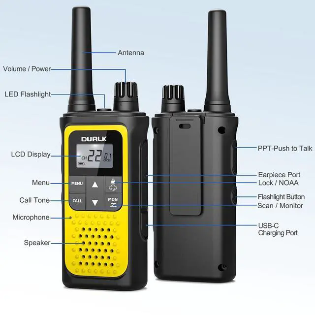 Alt view image 7 of 7 - Walkie Talkies Long Range for Adults - 2 Pack Rechargeable Walkie Talkies Two Way Radios 22 FRS Channels, NOAA Weather Alerts, 1800mAh Li-ion Battery, LED Flashlight, VOX for Hiking Camping (Yellow)