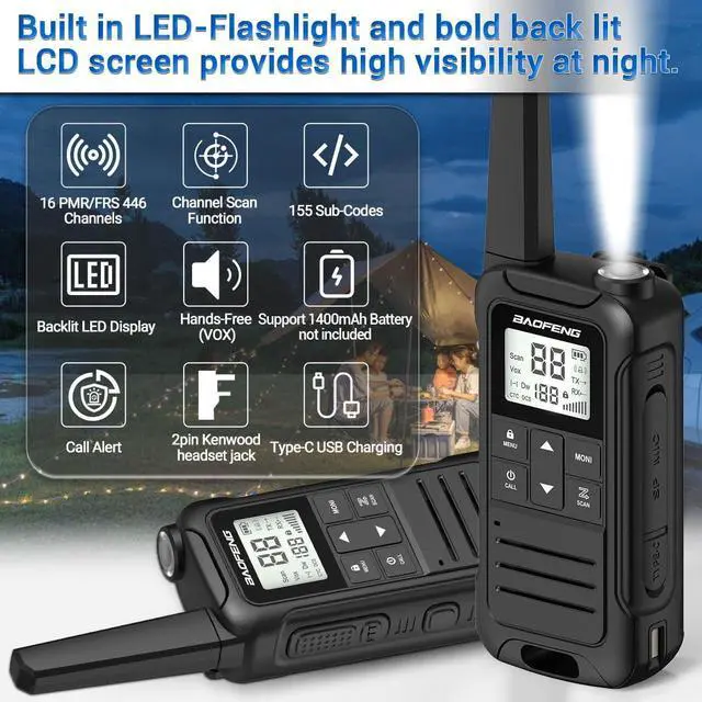 Alt view image 2 of 7 - Walkie Talkies Long Range Rechargeable Walkie Talkie for Adults, Baofeng F22 FRS Radio Walky Talky Family Walkie-Talkie with Flashlight 1400 mAh Battery USB Charger for Camping Trip 2Pack