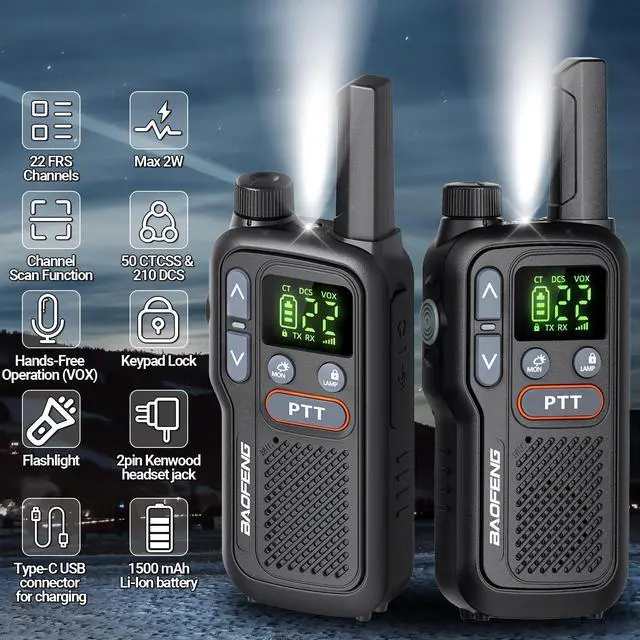 Alt view image 2 of 7 - Walkie Talkies Long Range for Adults, Rechargeable Walkie Talkie FRS Two Way Radio with 1500mAh Li-ion Battery USB-C Charger NOAA Weather Radio VOX Walky Talky for Hiking Cruises Camping (2Pack)