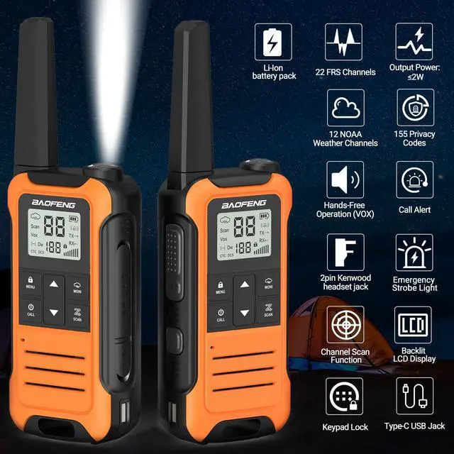 Alt view image 4 of 7 - Walkie Talkies Long Range for Adults, Rechargeable Walkie Talkie Baofeng F22 FRS Radio Walky Talky Family Walkie-Talkie with 1400 mAh Battery USB Charger LED Flashlight VOX for Hiking Camping (2 Pack)