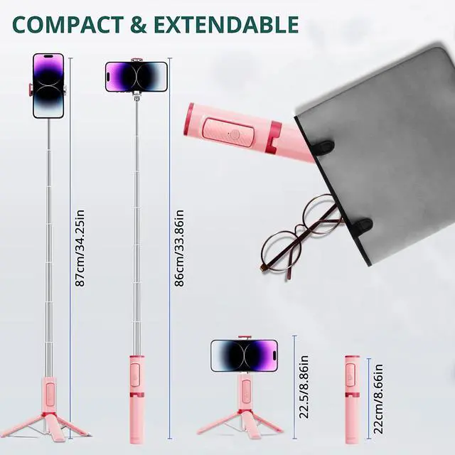 Alt view image 2 of 7 - Selfie Stick, Foldable Cellphone Tripod with Remote, Travel Tripod for iPhone Series Android, Video Recording - Pink