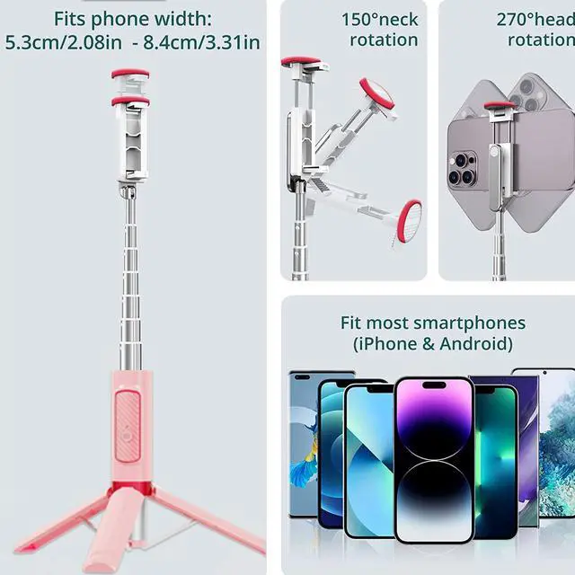Alt view image 5 of 7 - Selfie Stick, Foldable Cellphone Tripod with Remote, Travel Tripod for iPhone Series Android, Video Recording - Pink