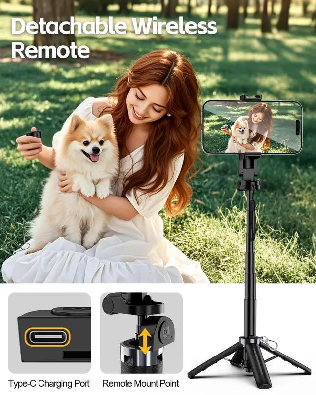 Alt view image 6 of 6 - Mini Selfie Stick Tripod with Rechargeable Remote Pocket-Size Travel Phone Stand w/Hook, 360° Rotating Holder, Lightweight Tripod for iPhone/Android, Vlogging, TikTok & Live Streaming
