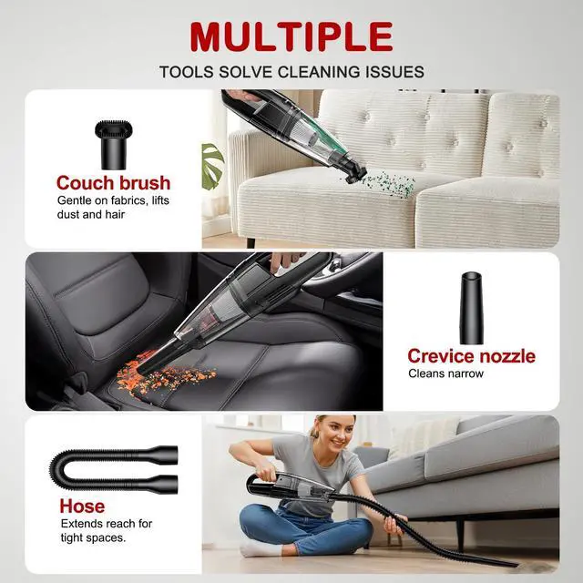 Alt view image 4 of 7 - Handheld Vacuum Cordless, Rechargeable 8000PA, Car Vacuum Portable Cordless, Hand Vacuum Rechargeable, 3 in 1, Lightweight, Hand Held Vacuum Cleaner for Car Home Office, Pet Hair