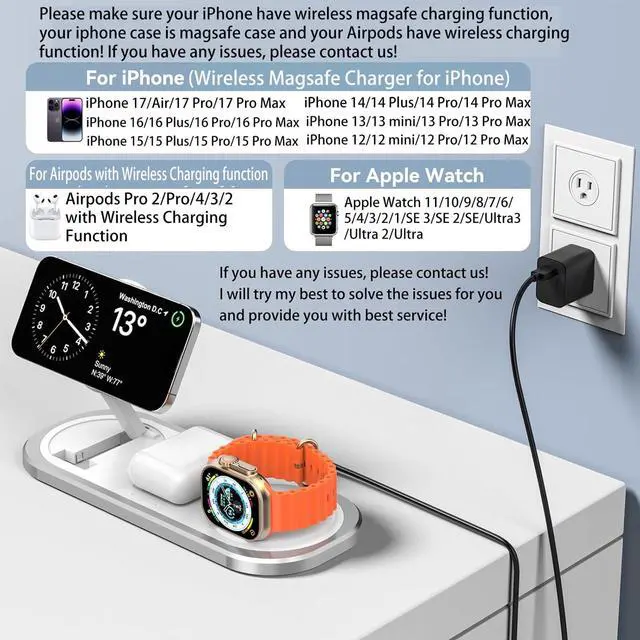 Alt view image 3 of 7 - 3 in 1 Fast Wireless Charger Stand for iPhone, Foldable Travel Charging Station for Magsafe for iPhone 17/Air/16/15/14/13/12 Series, Apple Watch Series, AirPods pro/2/3/4, Gifts for Women Men (Silver)