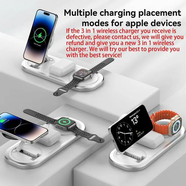 Alt view image 4 of 7 - 3 in 1 Fast Wireless Charger Stand for iPhone, Foldable Travel Charging Station for Magsafe for iPhone 17/Air/16/15/14/13/12 Series, Apple Watch Series, AirPods pro/2/3/4, Gifts for Women Men (Silver)