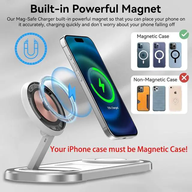 Alt view image 5 of 7 - 3 in 1 Fast Wireless Charger Stand for iPhone, Foldable Travel Charging Station for Magsafe for iPhone 17/Air/16/15/14/13/12 Series, Apple Watch Series, AirPods pro/2/3/4, Gifts for Women Men (Silver)