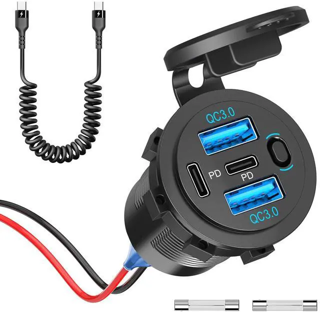 Main image of 12V USB C Outlet 90W 4 Ports Car Charger Socket, Dual PD 36W and Dual QC 18W Car USB Port 12V Charger with Button Switch and C to C Cable, Suitable for Boat Marine Bus Truck Golf RV Motorcycle