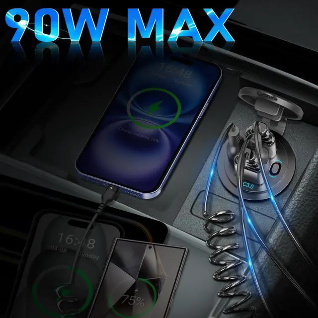 Alt view image 2 of 7 - 12V USB C Outlet 90W 4 Ports Car Charger Socket, Dual PD 36W and Dual QC 18W Car USB Port 12V Charger with Button Switch and C to C Cable, Suitable for Boat Marine Bus Truck Golf RV Motorcycle