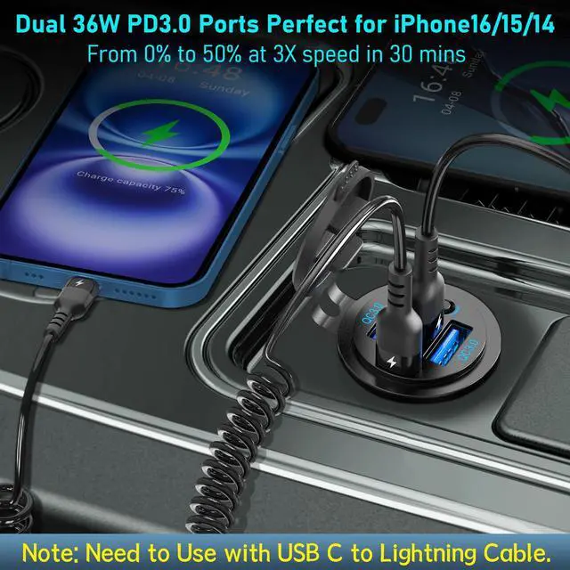 Alt view image 3 of 7 - 12V USB C Outlet 90W 4 Ports Car Charger Socket, Dual PD 36W and Dual QC 18W Car USB Port 12V Charger with Button Switch and C to C Cable, Suitable for Boat Marine Bus Truck Golf RV Motorcycle