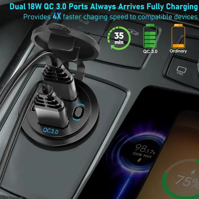 Alt view image 4 of 7 - 12V USB C Outlet 90W 4 Ports Car Charger Socket, Dual PD 36W and Dual QC 18W Car USB Port 12V Charger with Button Switch and C to C Cable, Suitable for Boat Marine Bus Truck Golf RV Motorcycle