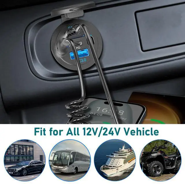 Alt view image 7 of 7 - 12V USB C Outlet 90W 4 Ports Car Charger Socket, Dual PD 36W and Dual QC 18W Car USB Port 12V Charger with Button Switch and C to C Cable, Suitable for Boat Marine Bus Truck Golf RV Motorcycle