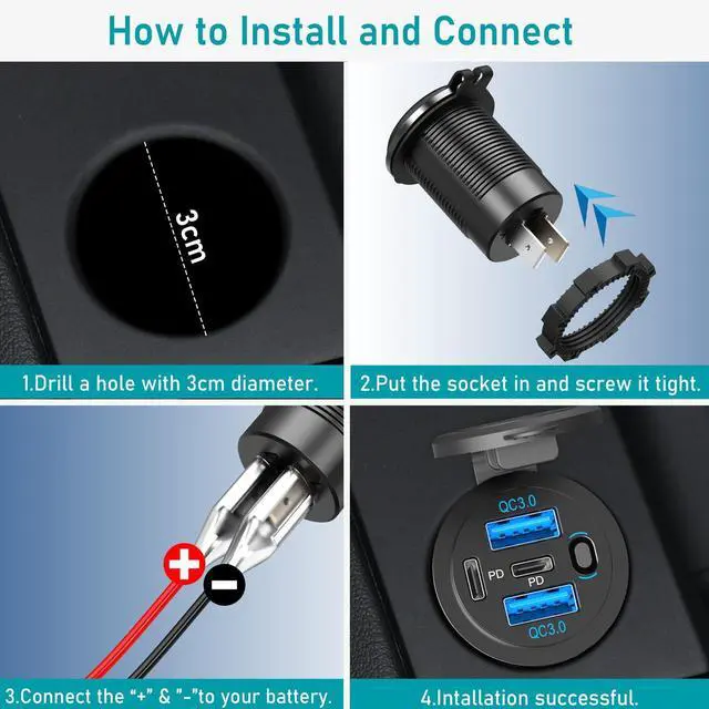 Alt view image 6 of 7 - 12V USB C Outlet 90W 4 Ports Car Charger Socket, Dual PD 36W and Dual QC 18W Car USB Port 12V Charger with Button Switch and C to C Cable, Suitable for Boat Marine Bus Truck Golf RV Motorcycle