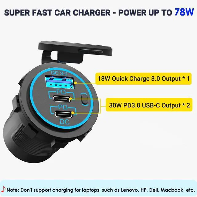 Alt view image 2 of 7 - USB C Car Charger Socket 12V USB Outlet 2 Pack,78W RV USB Outlet Dual 30W PD USB-C and 18W QC3.0 Car USB Port with Button Switch Waterproof for Car RV Boat Marine Truck Motorcycle ect