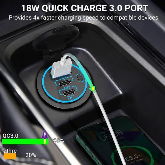 Alt view image 4 of 7 - USB C Car Charger Socket 12V USB Outlet 2 Pack,78W RV USB Outlet Dual 30W PD USB-C and 18W QC3.0 Car USB Port with Button Switch Waterproof for Car RV Boat Marine Truck Motorcycle ect