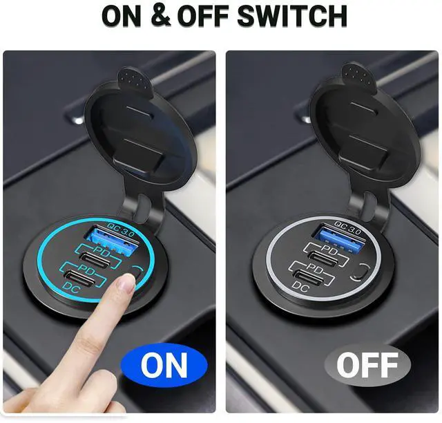 Alt view image 5 of 7 - USB C Car Charger Socket 12V USB Outlet 2 Pack,78W RV USB Outlet Dual 30W PD USB-C and 18W QC3.0 Car USB Port with Button Switch Waterproof for Car RV Boat Marine Truck Motorcycle ect