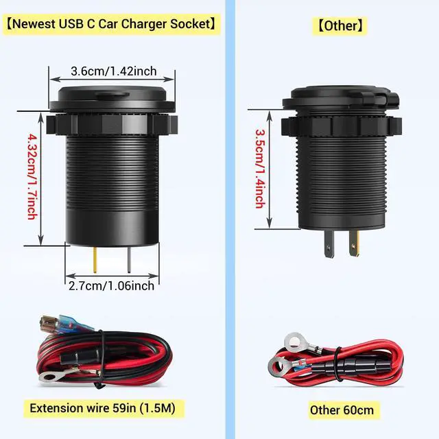 Alt view image 6 of 7 - USB C Car Charger Socket 12V USB Outlet 2 Pack,78W RV USB Outlet Dual 30W PD USB-C and 18W QC3.0 Car USB Port with Button Switch Waterproof for Car RV Boat Marine Truck Motorcycle ect