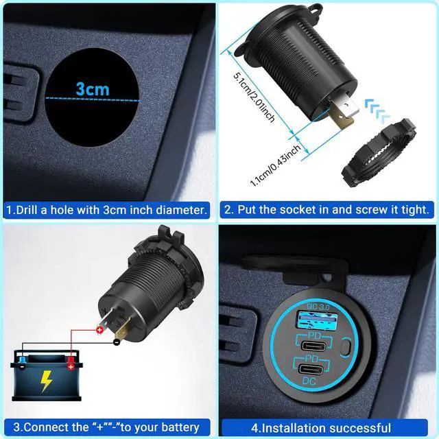 Alt view image 7 of 7 - USB C Car Charger Socket 12V USB Outlet 2 Pack,78W RV USB Outlet Dual 30W PD USB-C and 18W QC3.0 Car USB Port with Button Switch Waterproof for Car RV Boat Marine Truck Motorcycle ect