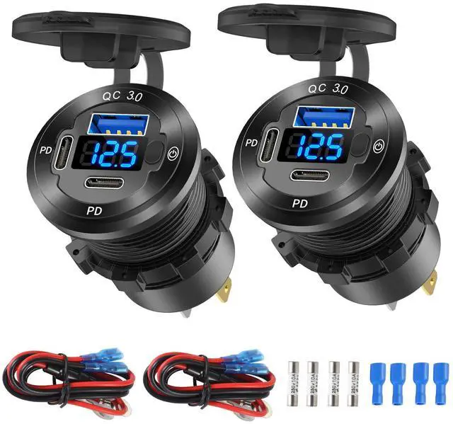 Main image of 2 Pack 12V USB Outlet 3 Port Car Charger Socket, 78W Dual PD USB C 30W and Quick Charge3.0 Port Aluminum Charger Waterproof with Voltmeter and Button Switch for Boat Marine Motorcycle RV Truck, etc